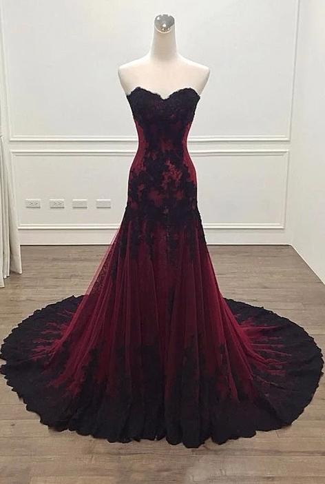 Gothic Black And Red A-Line Wedding Dress with Red Lace Floral Embroid –  WonderlandByLilian